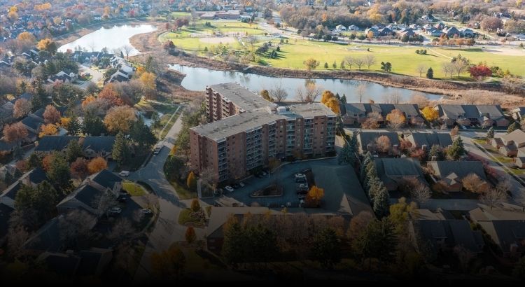 Aerial view of One Bloomingdale Place condo building in Bloomingdale, Illinois